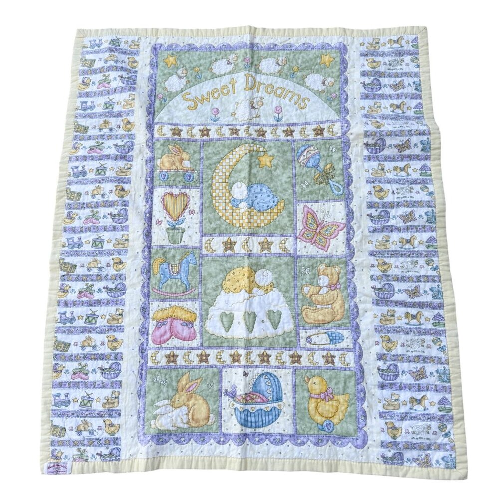 Vintage Baby Blanket Quilt Sweet Dreams Pastel Nursery Animals Moon Stars